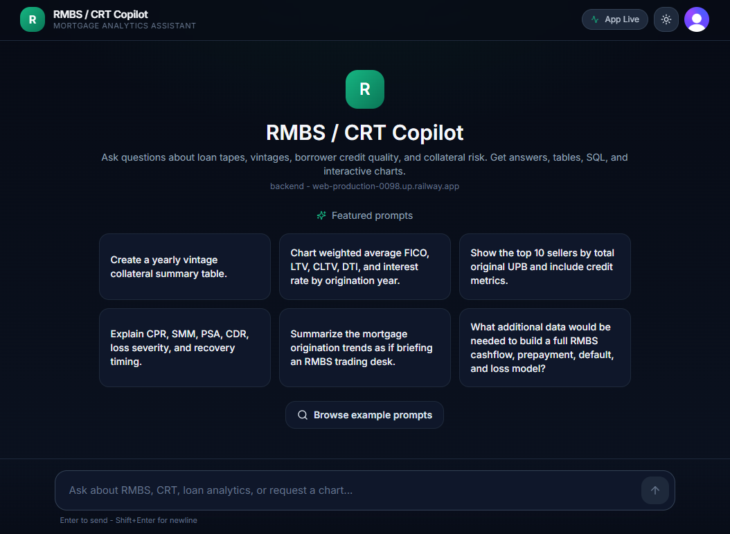 RMBS Origination Analytics Platform, AI research interface with featured prompts for mortgage collateral analysis